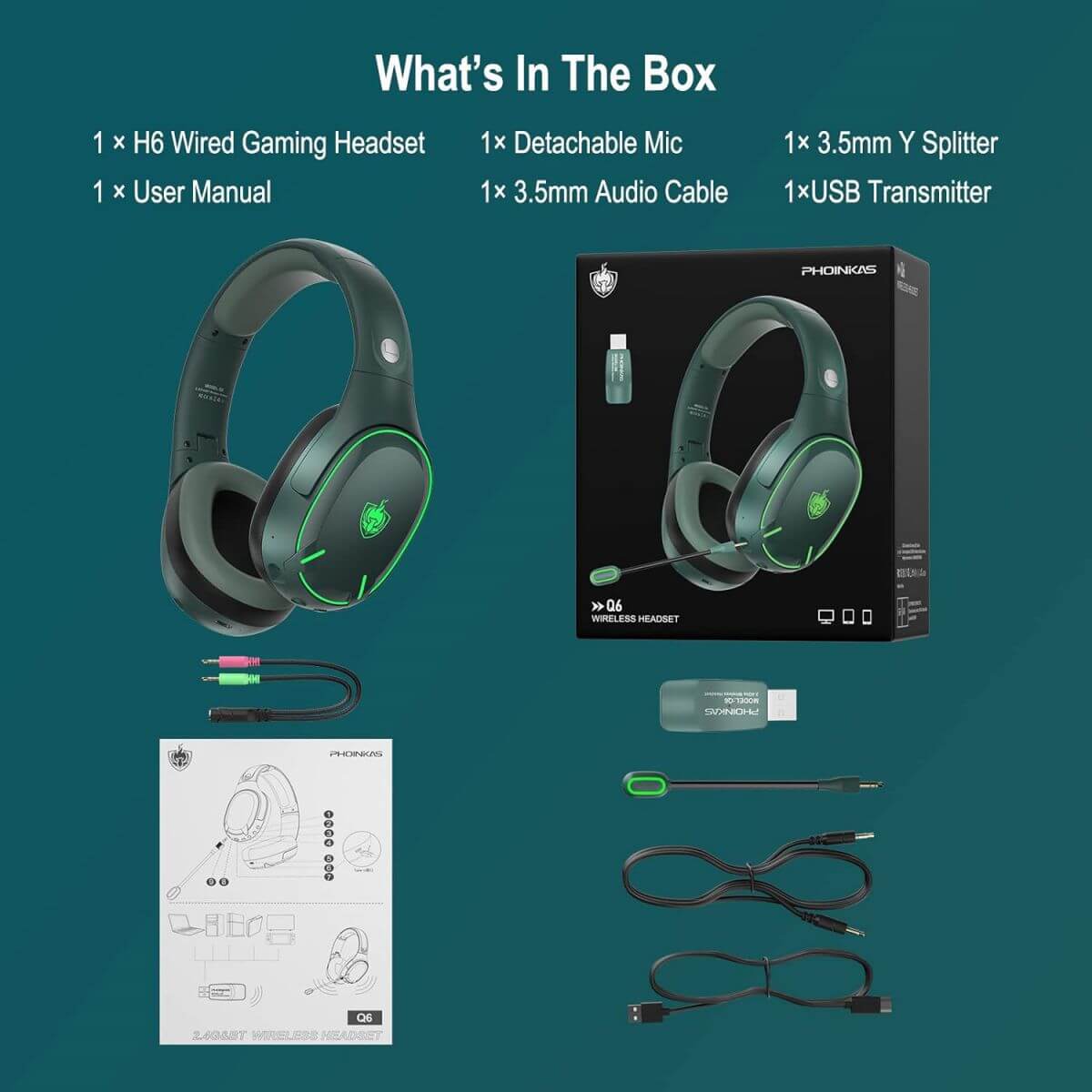PHOINIKAS Q6 Gaming Headphones package contents including headset, detachable mic, USB transmitter, 3.5mm audio cable, Y splitter, and user manual.